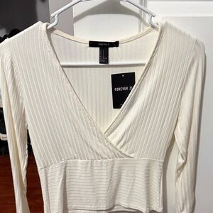 Forever 21 Ivory Ribbed V-Neck Blouse